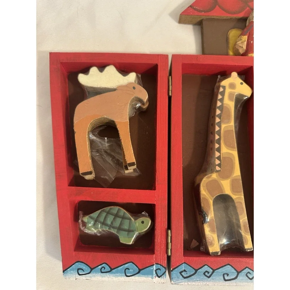 Vintage Wooden Noah's Ark Toy Set Animals Puzzle Box Made in China